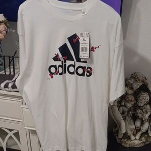 Adidas White Tee with Black and Red Logo